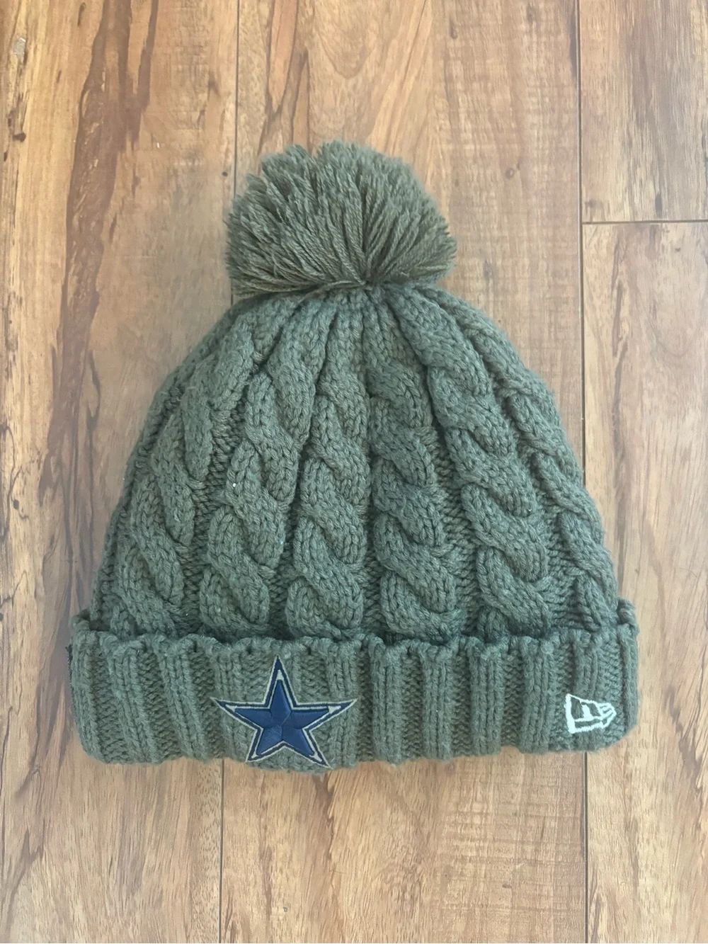 New Era Olive Green Cable Knit Pom Beanie with Star & Flag Patches
